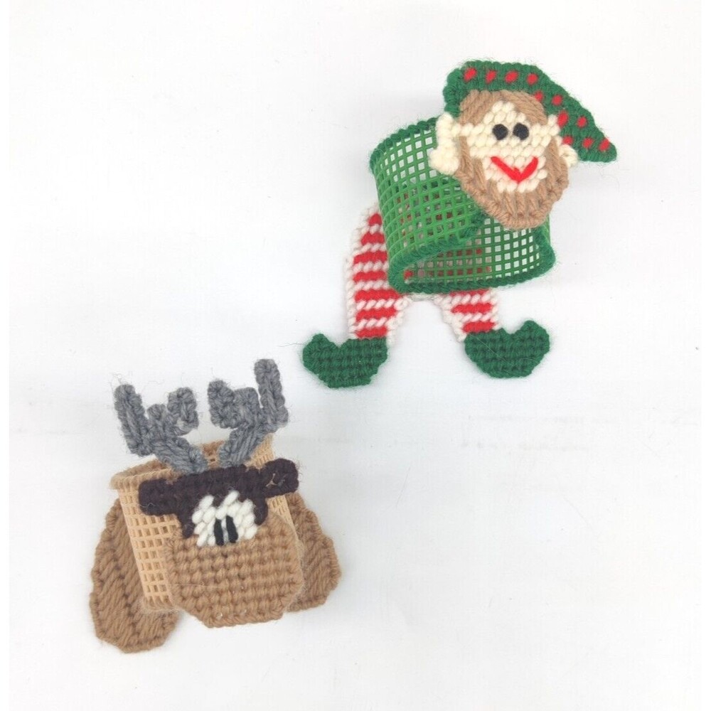 Vintage Christmas Holiday Napkin Rings Plastic Canvas Needlepoint Elf & Reindeer